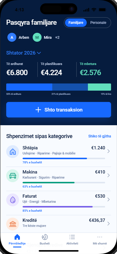 Familja Financa mobile dashboard showing household budget categories